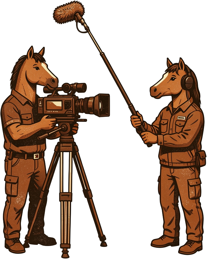 Two horses in crew clothes filming: one at a camera on a tripod, one holding a boom microphone